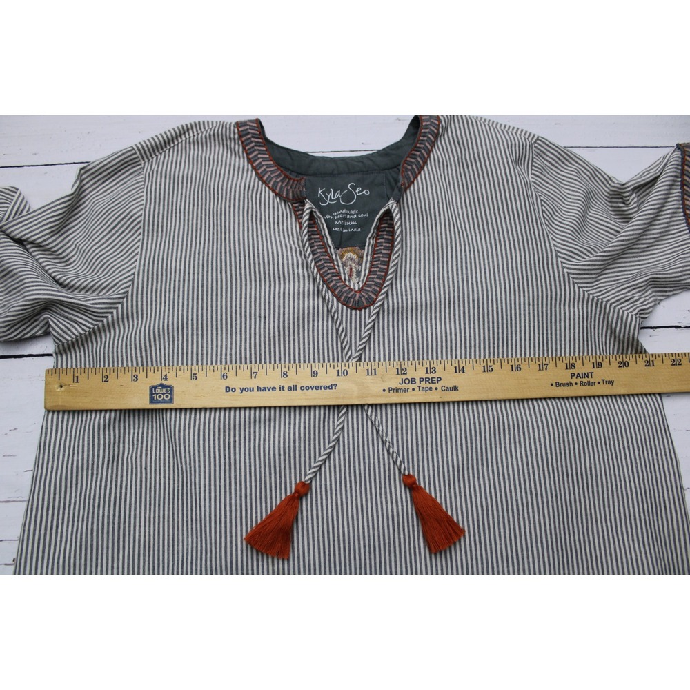 Kyla Seo Embroidered Cotton Tassel Boho Blouse Grey Striped M Boho-Chic - Picture 5 of 8